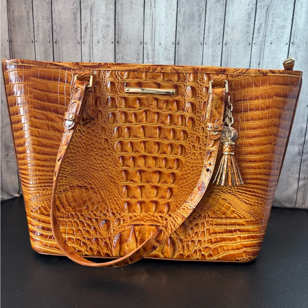 Brahmin Medium Asher Tan Crocodile Embossed Medium Tote Bag with Tassel